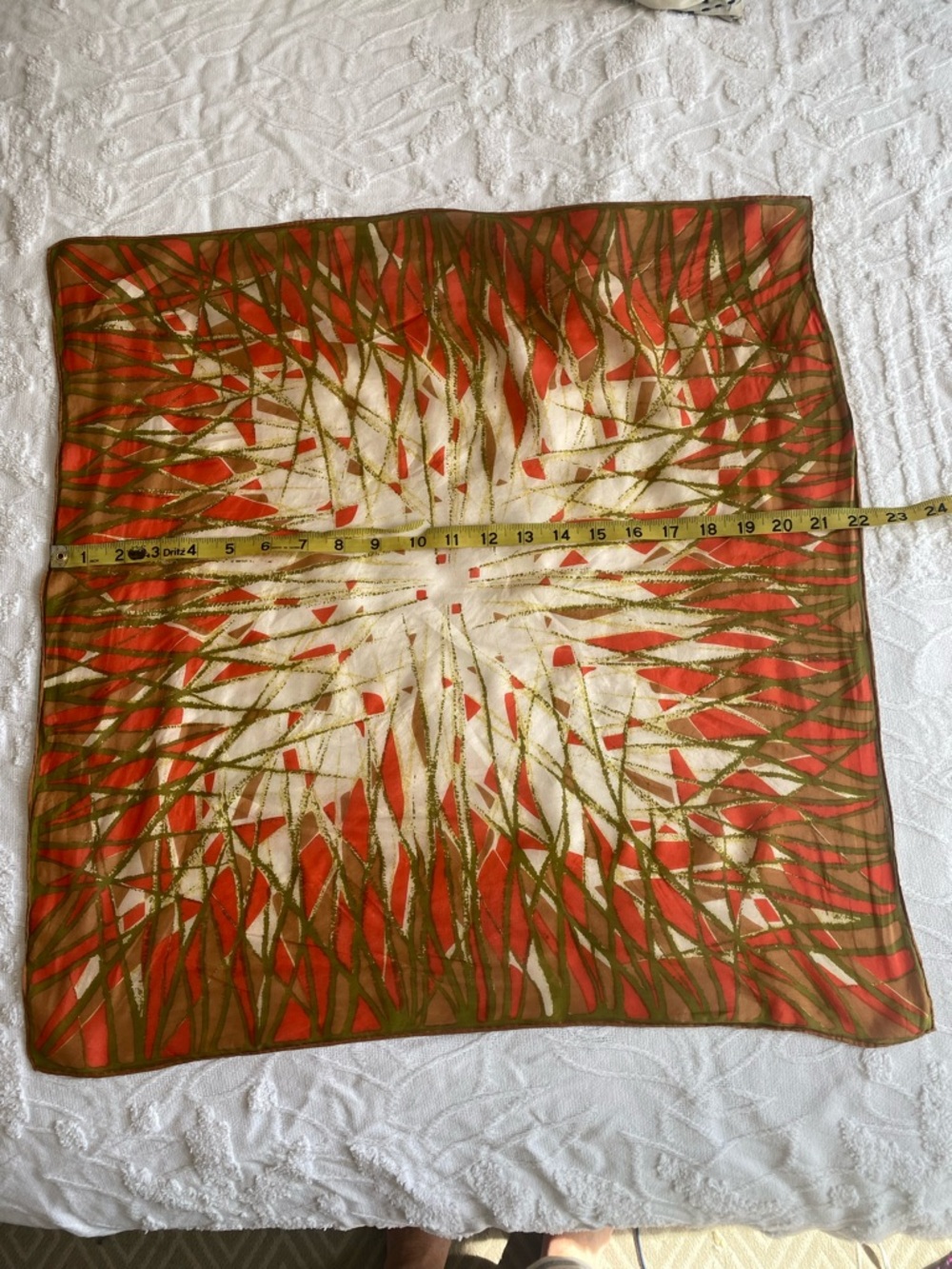 Vintage silk scarf, abstract print, orange, cream and green - Picture 7 of 8